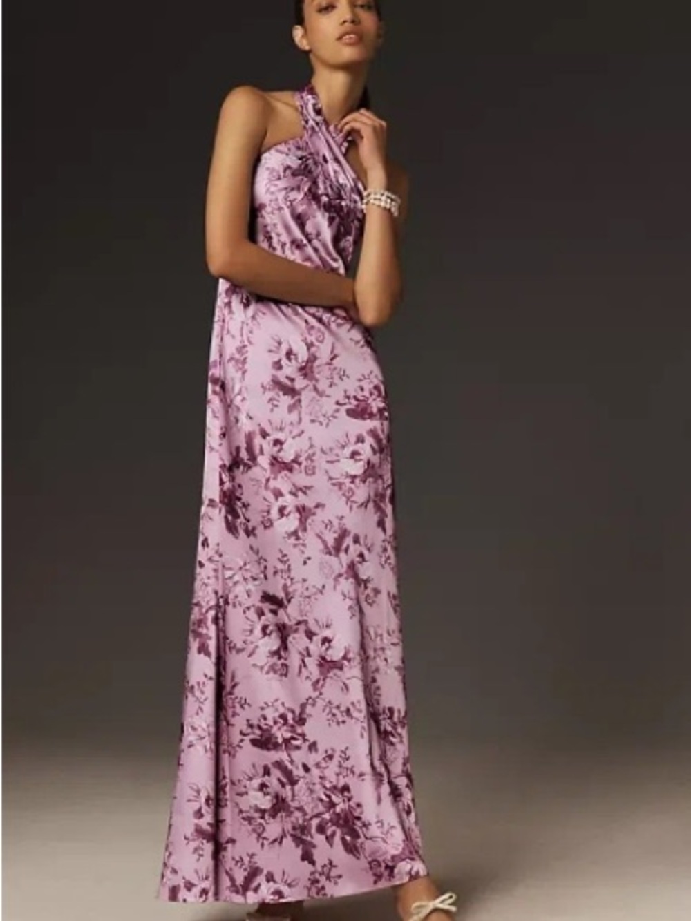 NEW BHLDN Ruby Twist Halter Satin Gown in Lilac Pink Peony Bouquet Size 10